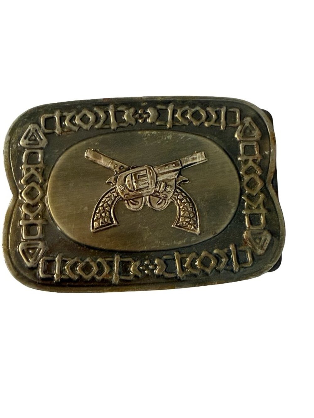 Vintage Western Cowboy Revolver Belt Buckle Hong Kong Crossed Pistols Bronze Ton